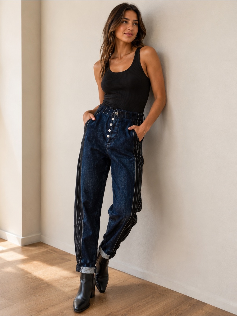 New Rare ETICA Lana Trouser Button Fly Cuffed Wide leg Jeans Stripe Detail Sz 30